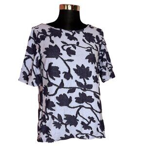 LOFT Floral Burnout Style Embroidered Tee Blue Navy Women's M